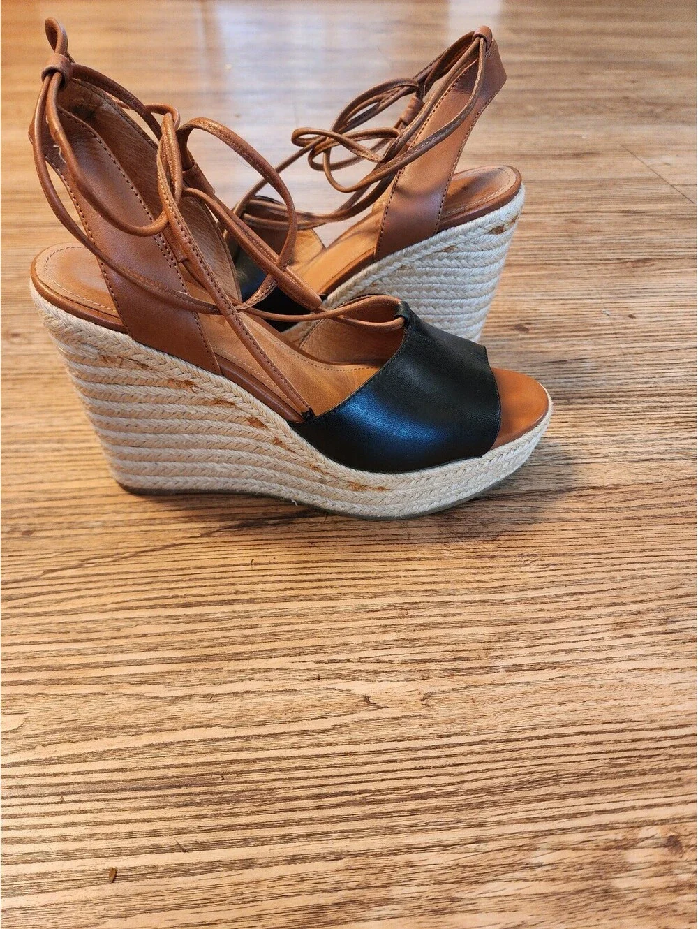Size 8 - Coach Dana Leather Black and Cognac Open Toe Espadrille Platform Sandal